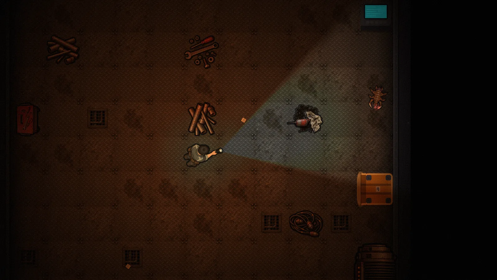 An engine room under the flashlight, a crawler waiting at the edge of the beam