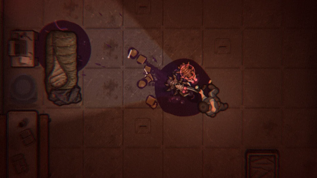 A survivor fighting off a crawler in a cabin under red emergency light